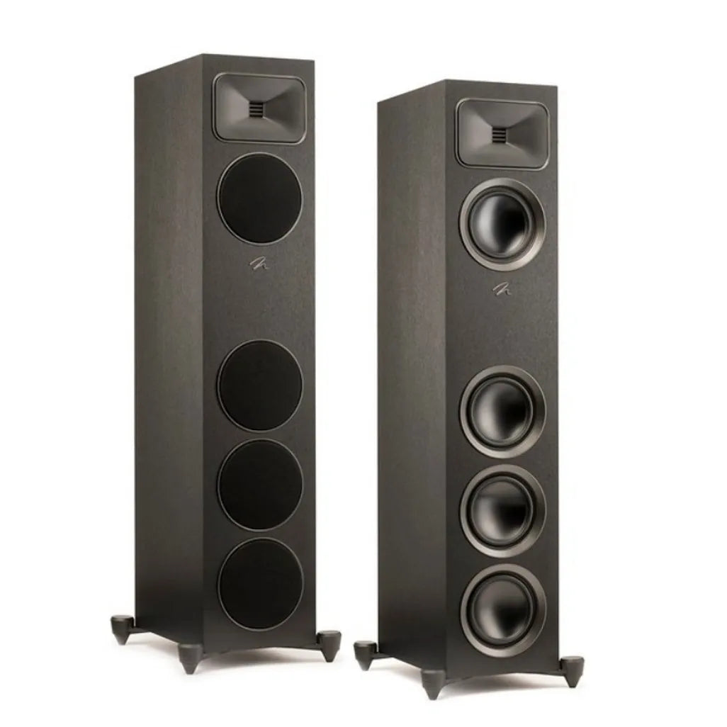MartinLogan Motion Foundation F1 Floorstander — black floorstanding speakers with and without grilles
