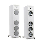 MartinLogan Motion Foundation F1 Floorstander — white floorstanding speakers with and without grilles