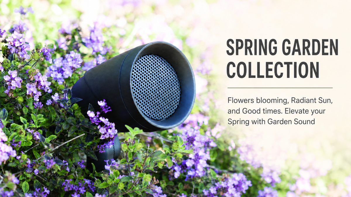 Spring Garden Collection banner showing an outdoor speaker among flowers