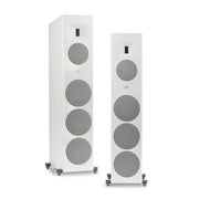 MartinLogan Motion XT F200 Floorstander — white floorstanding speakers with and without grilles