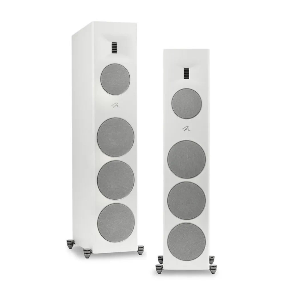MartinLogan Motion XT F200 Floorstander — white floorstanding speakers with and without grilles