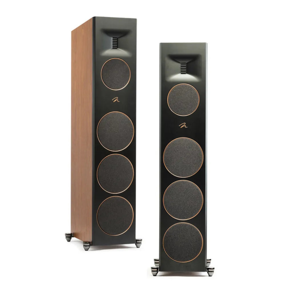 MartinLogan Motion XT F200 Floorstander — wood-finish floorstanding speakers with and without grilles