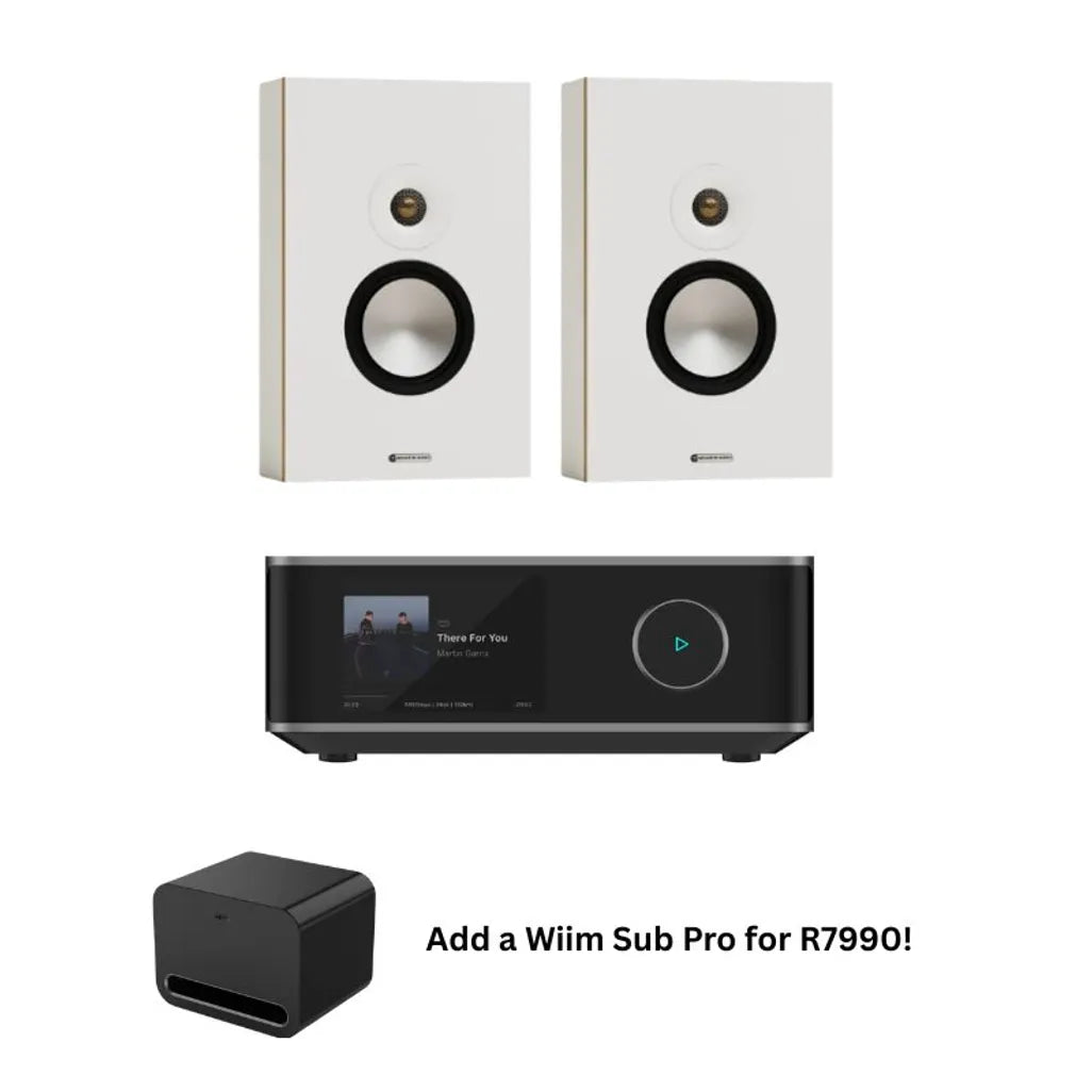 Monitor Audio Bronze OW with Wiim AMP ULTRA player in white