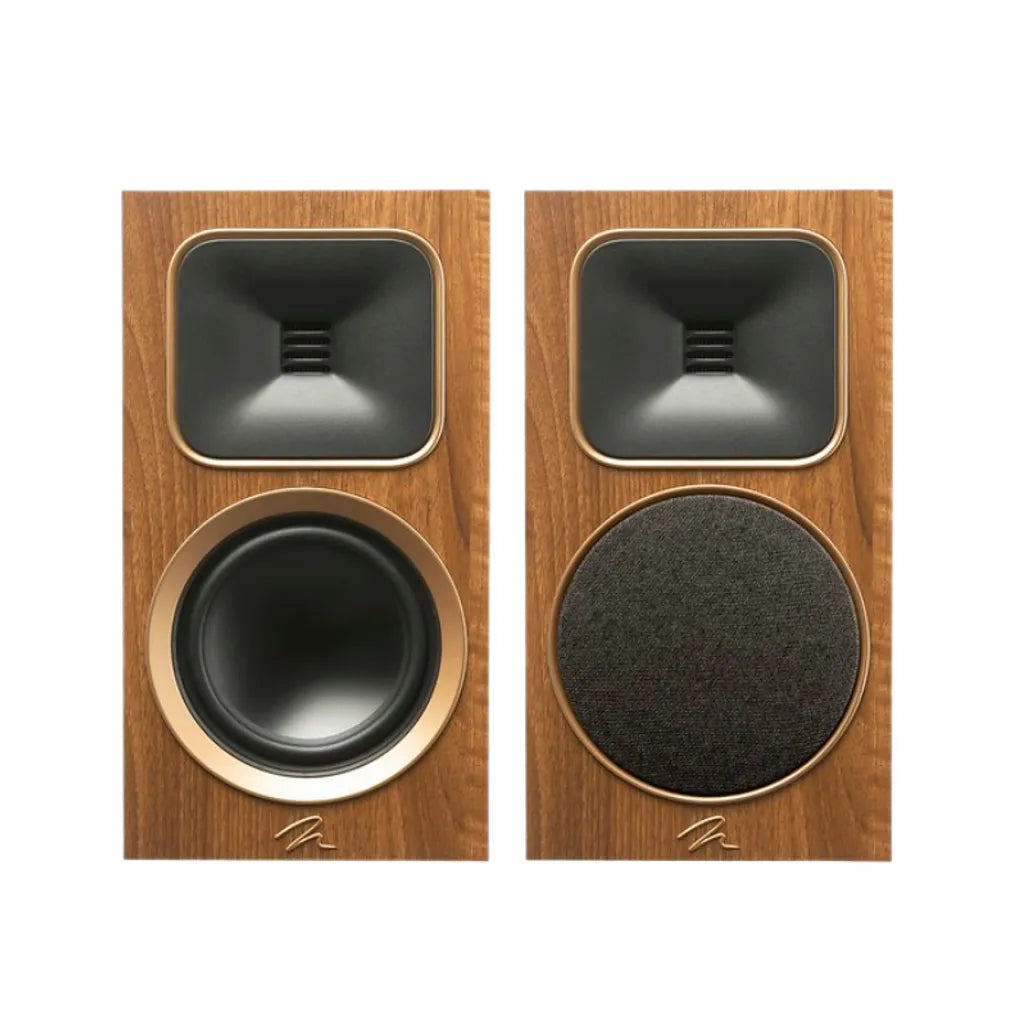 MartinLogan Motion Foundation B1 Bookshelf — wood-finish bookshelf speakers with and without grilles