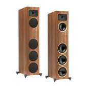 MartinLogan Motion Foundation F1 Floorstander — wood-finish floorstanding speakers with and without grilles