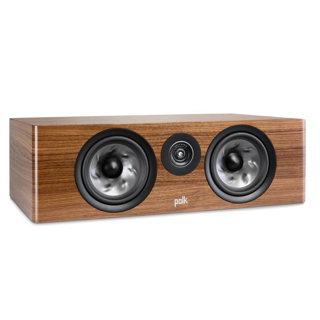 Polk Reserve R400 Centre Speaker — brown centre speaker without grille, angled view
