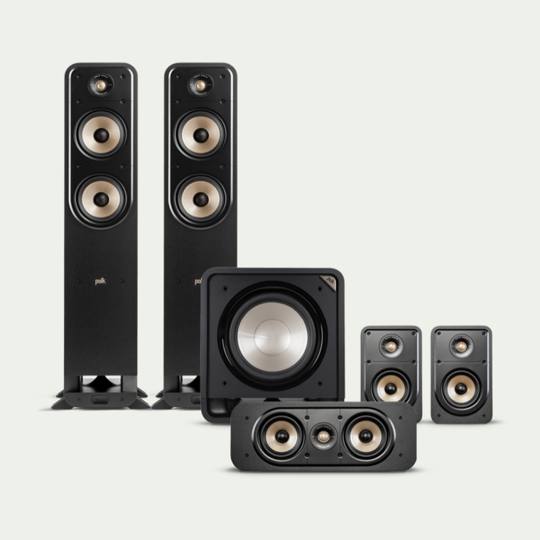 A passive 5.1 speaker package with left, centre, right, two surrounds and a powered subwoofer